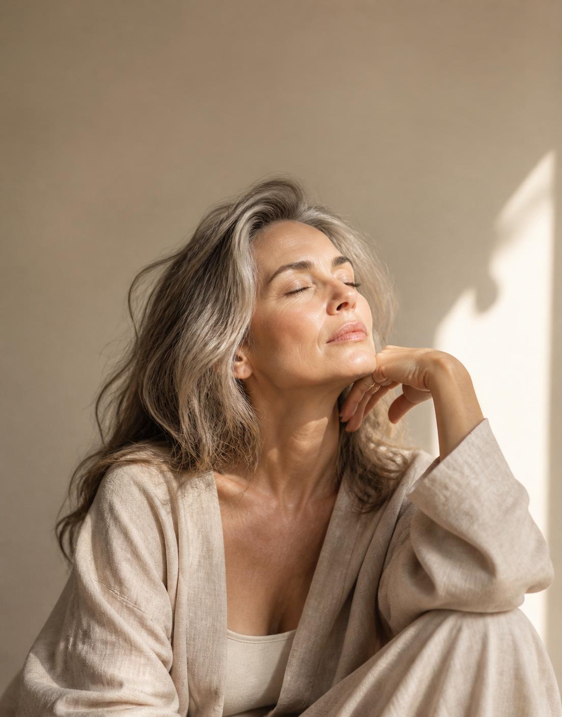 Mulher madura em luz suave, olhos fechados, em paz